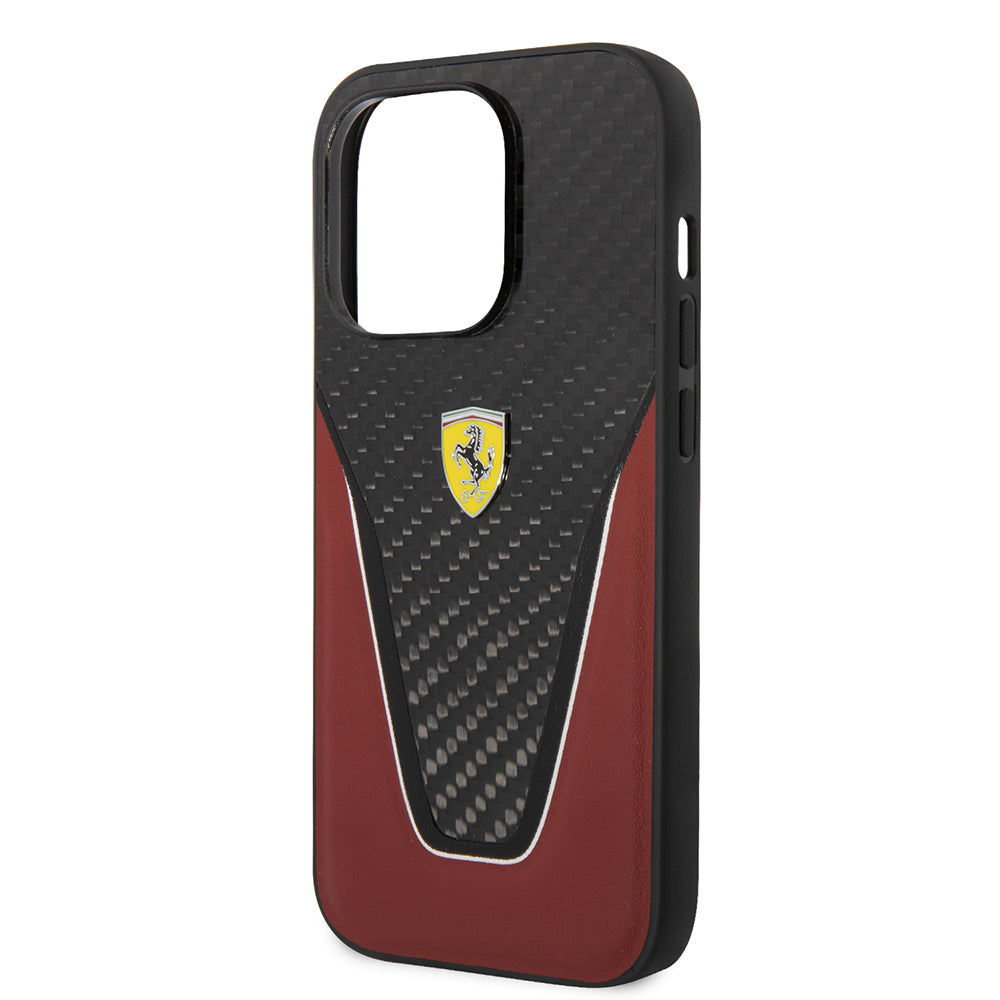 Apple iPhone 14 Pro Max Case Ferrari Original Licensed Classic Metal Logo Carbon V Pattern Cover Red
