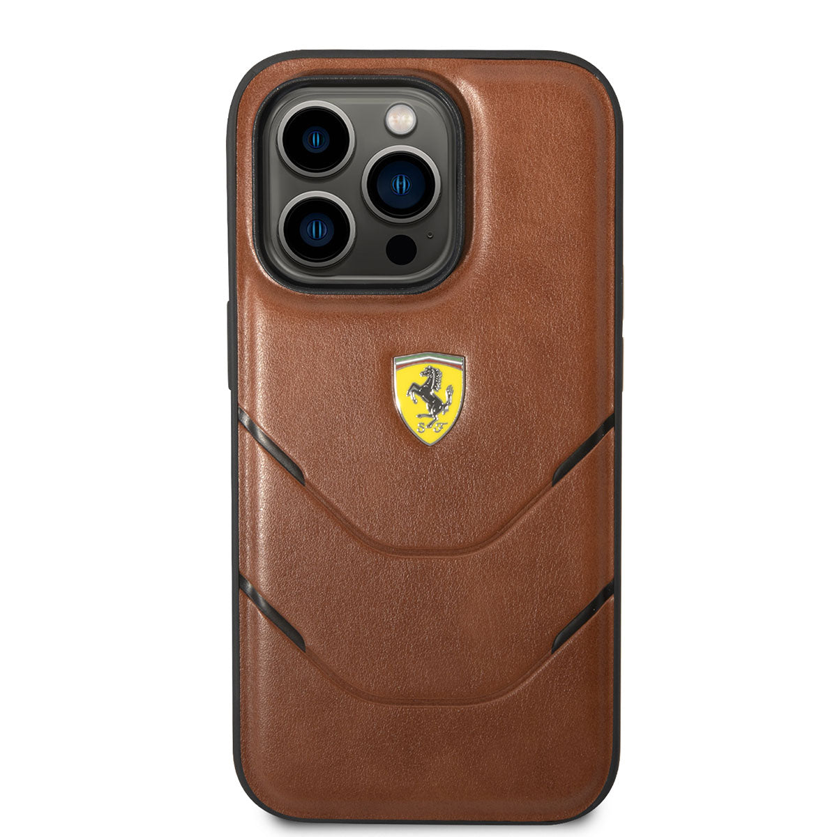Apple iPhone 14 Pro Max Case Ferrari Original Licensed PU Leather Hot Print Striped Design Cover Brown