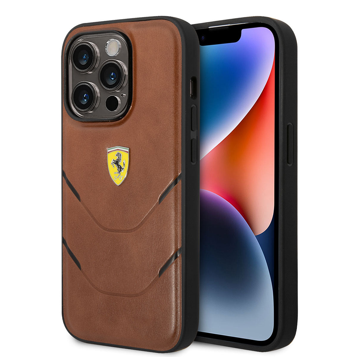 Apple iPhone 14 Pro Max Case Ferrari Original Licensed PU Leather Hot Print Striped Design Cover Brown