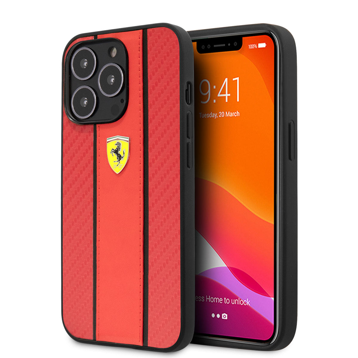 Apple iPhone 14 Pro Max Case Ferrari PU Leather and Carbon Design Cover Red