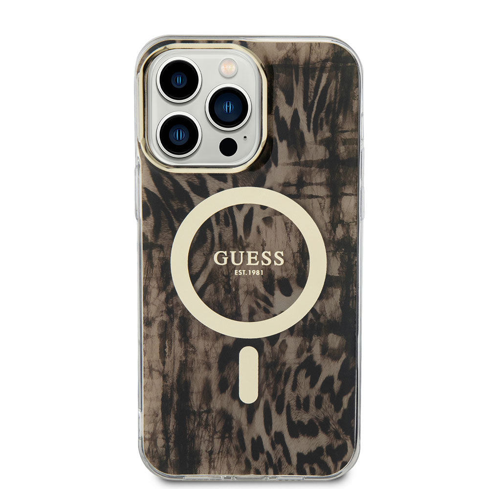 Apple iPhone 14 Pro Max Case GUESS M-safe Charging Feature Leopard Pattern Cover Blue
