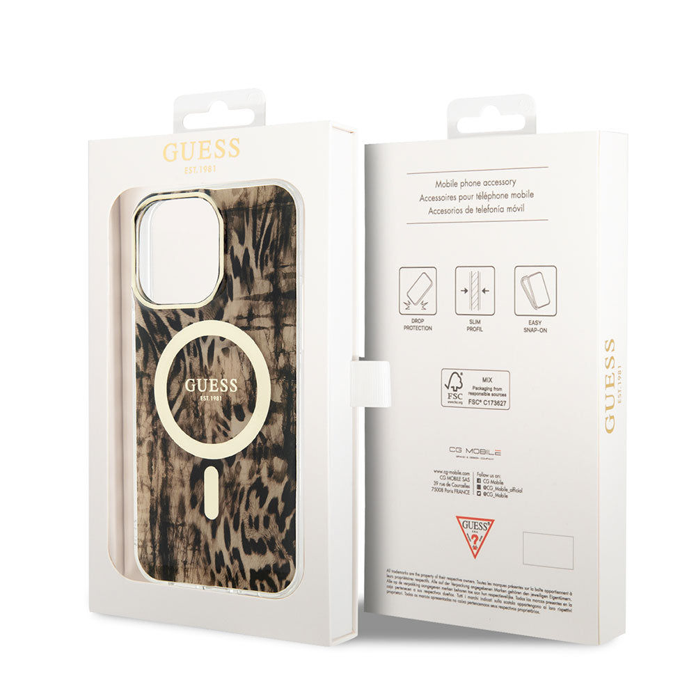 Apple iPhone 14 Pro Max Case GUESS M-safe Charging Feature Leopard Pattern Cover Blue