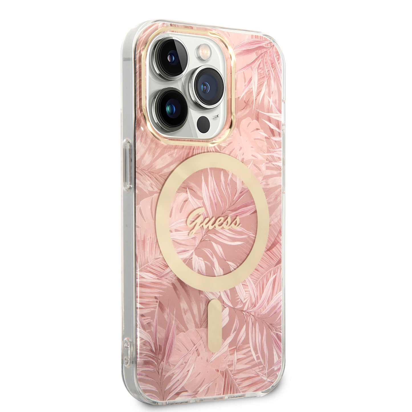 Apple iPhone 14 Pro Max Case GUESS M-Safe Charging Feature Leaf Pattern Cover with M-Safe Charging Cable Pink