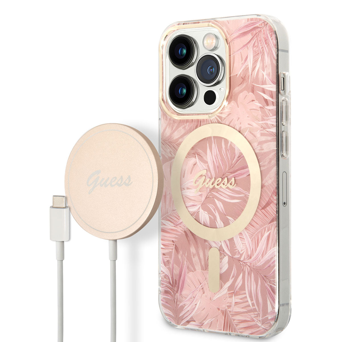 Apple iPhone 14 Pro Max Case GUESS M-Safe Charging Feature Leaf Pattern Cover with M-Safe Charging Cable Pink
