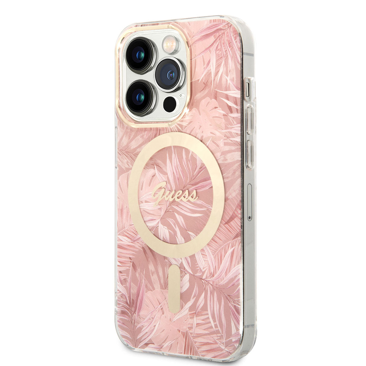 Apple iPhone 14 Pro Max Case GUESS M-Safe Charging Feature Leaf Pattern Cover with M-Safe Charging Cable Pink