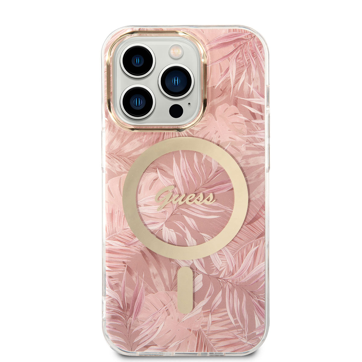 Apple iPhone 14 Pro Max Case GUESS M-Safe Charging Feature Leaf Pattern Cover with M-Safe Charging Cable Pink