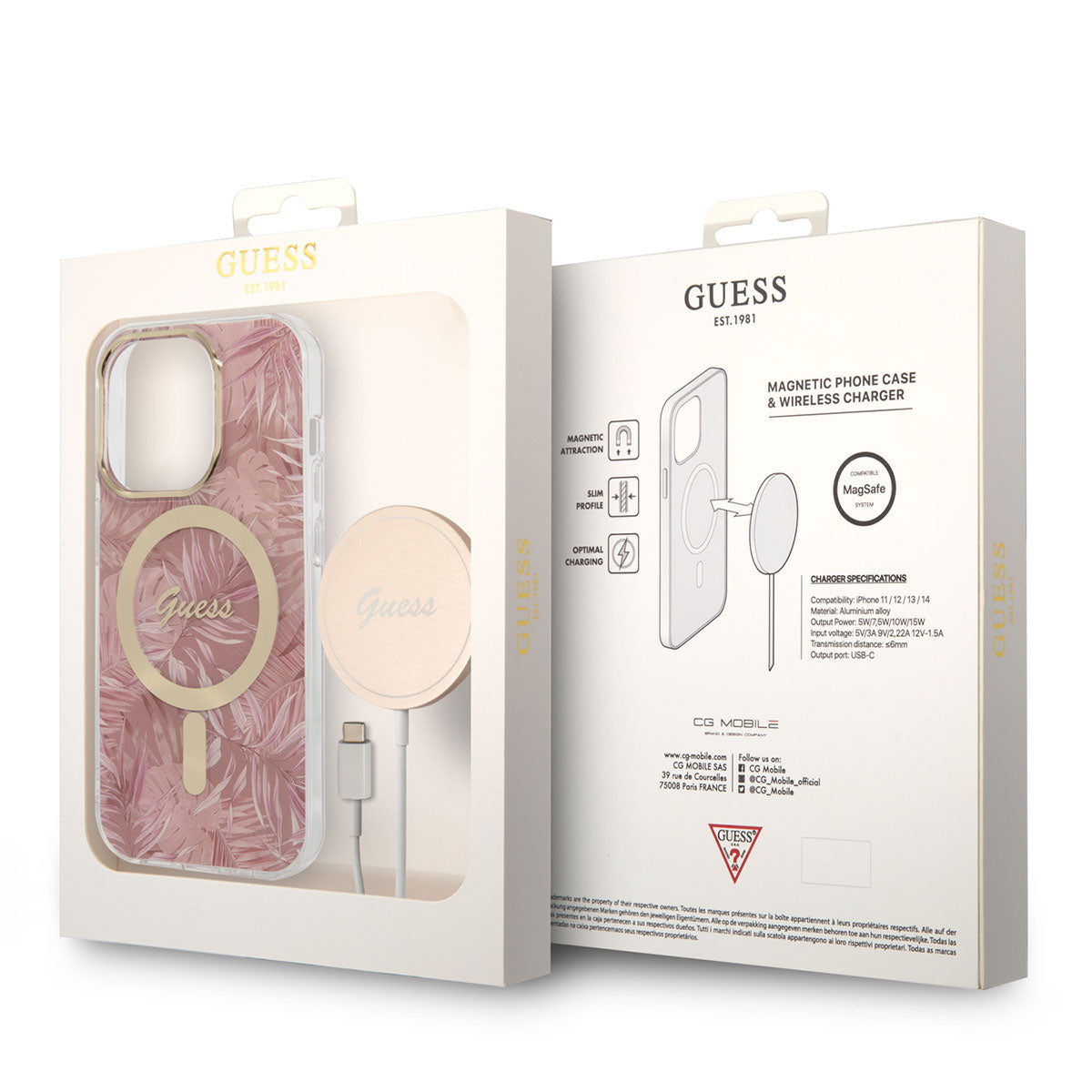 Apple iPhone 14 Pro Max Case GUESS M-Safe Charging Feature Leaf Pattern Cover with M-Safe Charging Cable Pink