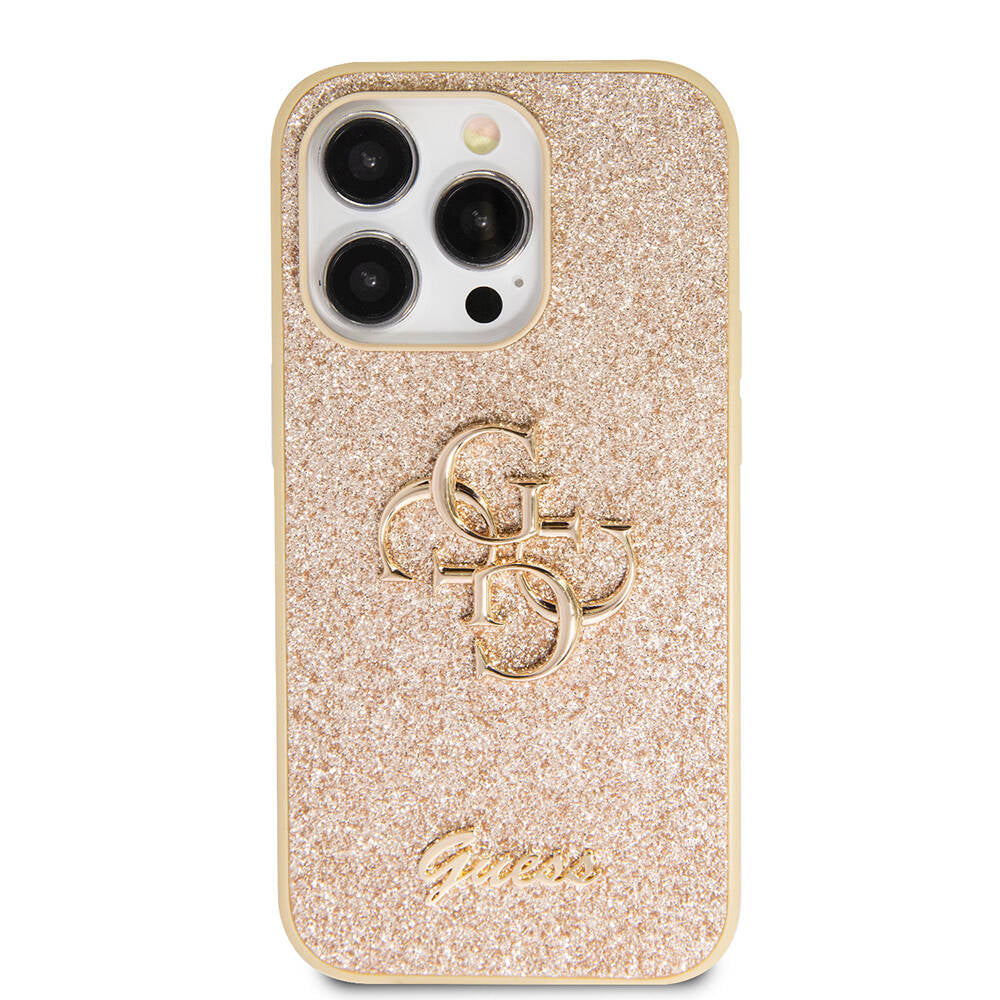 Apple iPhone 14 Pro Max Case Guess Original Licensed 4G Large Metal Logo Glitter Cover Pink