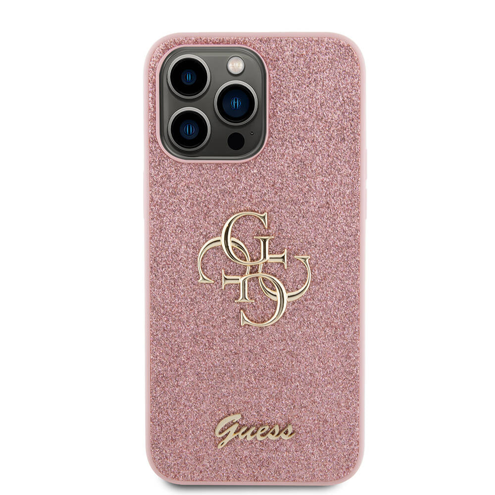 Apple iPhone 14 Pro Max Case Guess Original Licensed 4G Large Metal Logo Glitter Cover Pink