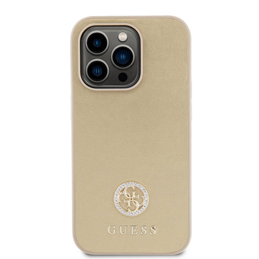Apple iPhone 14 Pro Max Kılıf Guess Orjinal Lisanslı Deri 4G Metal Logo Strass Kapak Gold