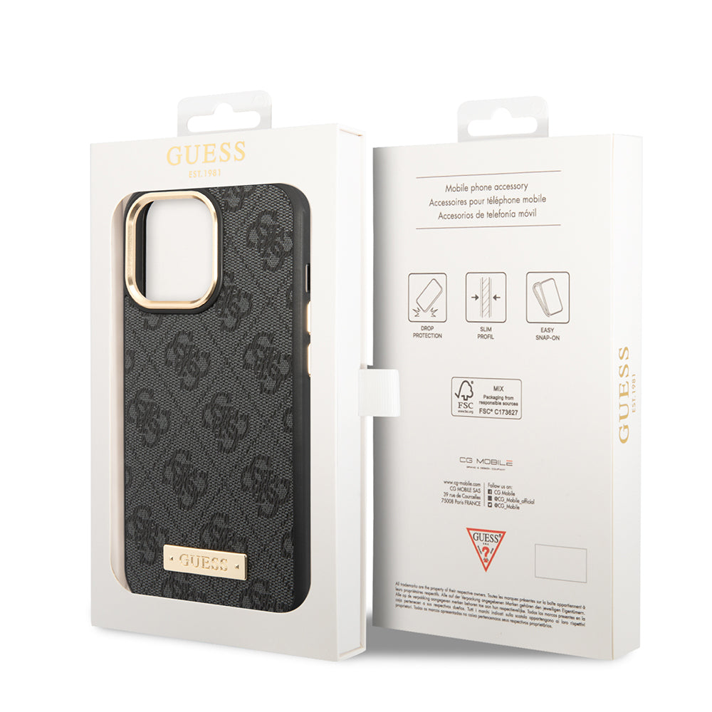 Apple iPhone 14 Pro Max Case Guess Original Licensed M-safe Charging Feature 4G Patterned PU Metal Plate Classic Logo Cover Brown