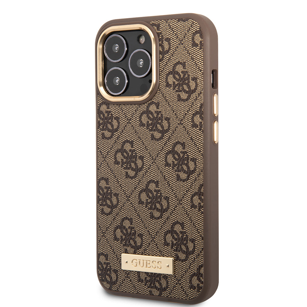Apple iPhone 14 Pro Max Case Guess Original Licensed M-safe Charging Feature 4G Patterned PU Metal Plate Classic Logo Cover Brown