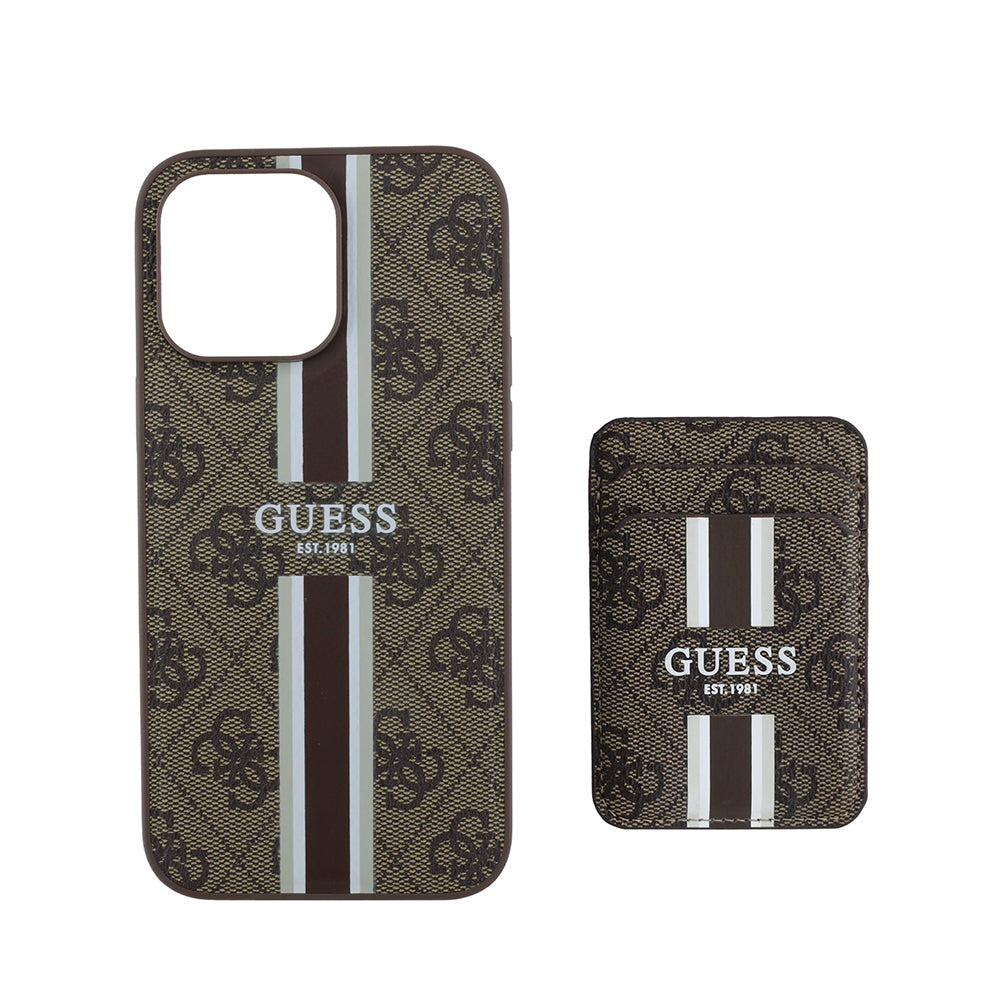 Apple iPhone 14 Pro Max Case Guess Original Licensed M-safe Charging Feature 4G Patterned Striped Card Holder Cover Brown