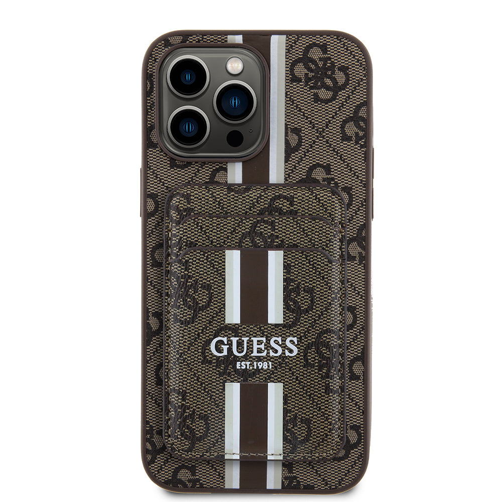 Apple iPhone 14 Pro Max Case Guess Original Licensed M-safe Charging Feature 4G Patterned Striped Card Holder Cover Brown