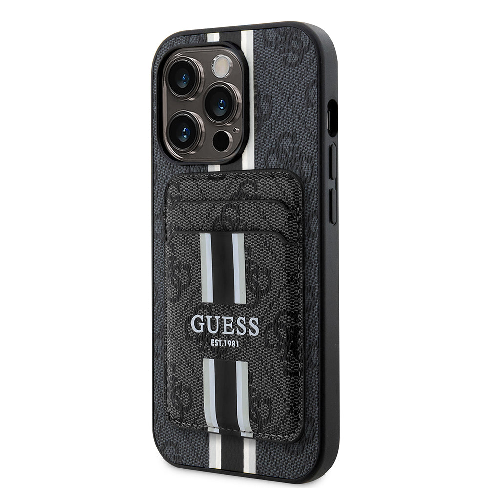 Apple iPhone 14 Pro Max Case Guess Original Licensed M-safe Charging Feature 4G Patterned Striped Card Holder Cover Brown