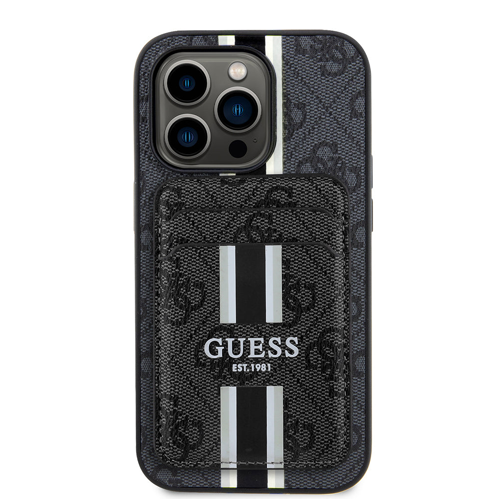 Apple iPhone 14 Pro Max Case Guess Original Licensed M-safe Charging Feature 4G Patterned Striped Card Holder Cover Brown