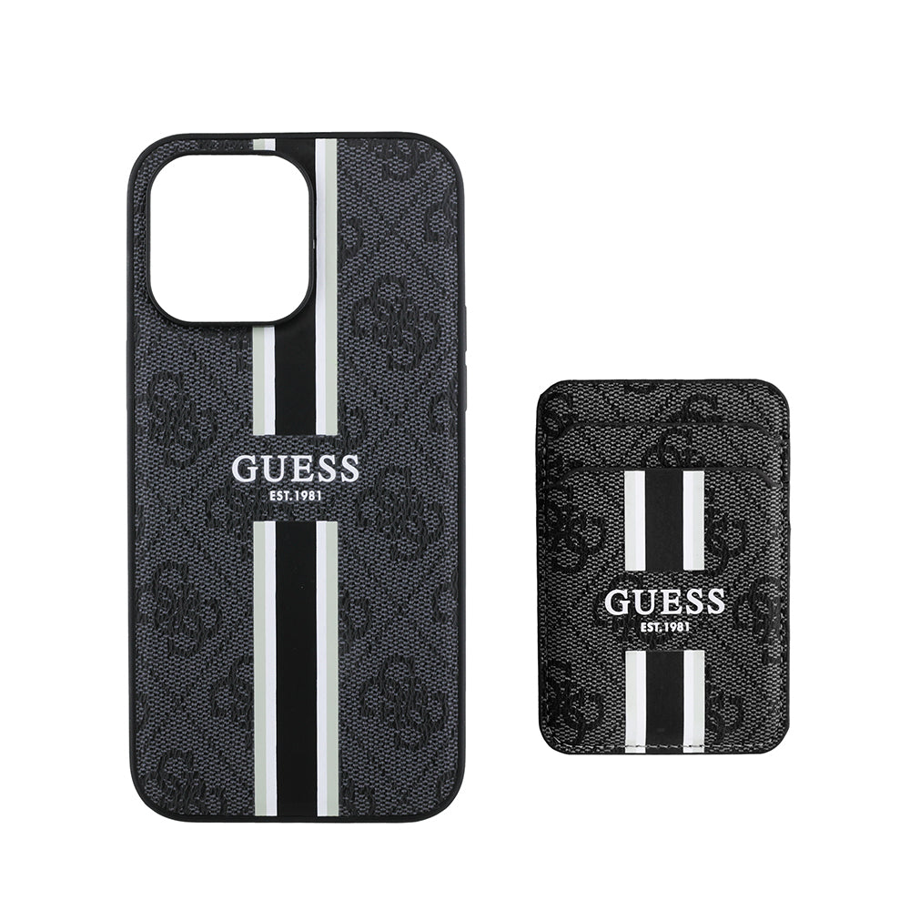 Apple iPhone 14 Pro Max Case Guess Original Licensed M-safe Charging Feature 4G Patterned Striped Card Holder Cover Brown