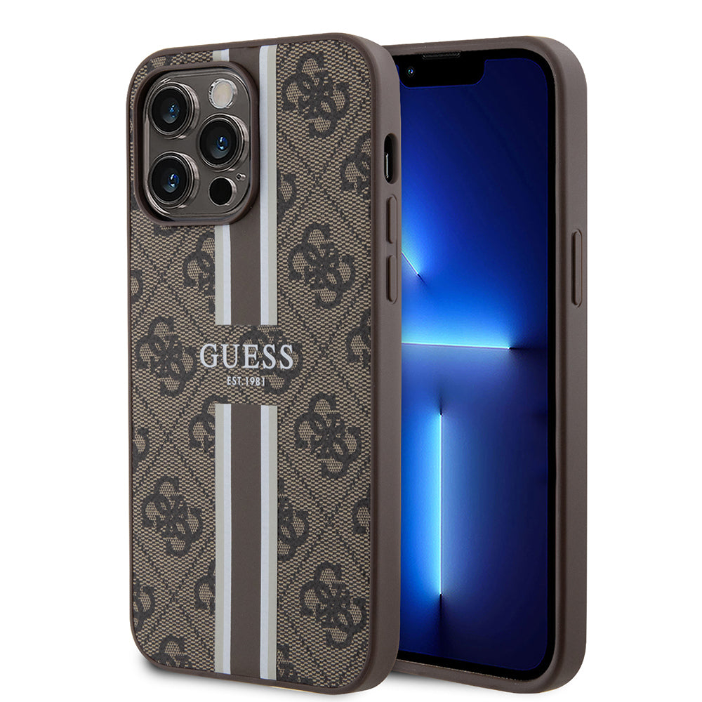 Apple iPhone 14 Pro Max Case Guess Original Licensed M-safe Charging Feature 4G Stripe Design Printed Cover Black