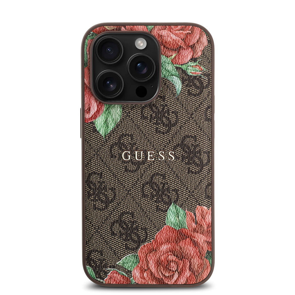 Apple iPhone 14 Pro Max Case Guess Original Licensed M-safe Charging Feature Rose Printed 4G Patterned Text Logo Cover Black