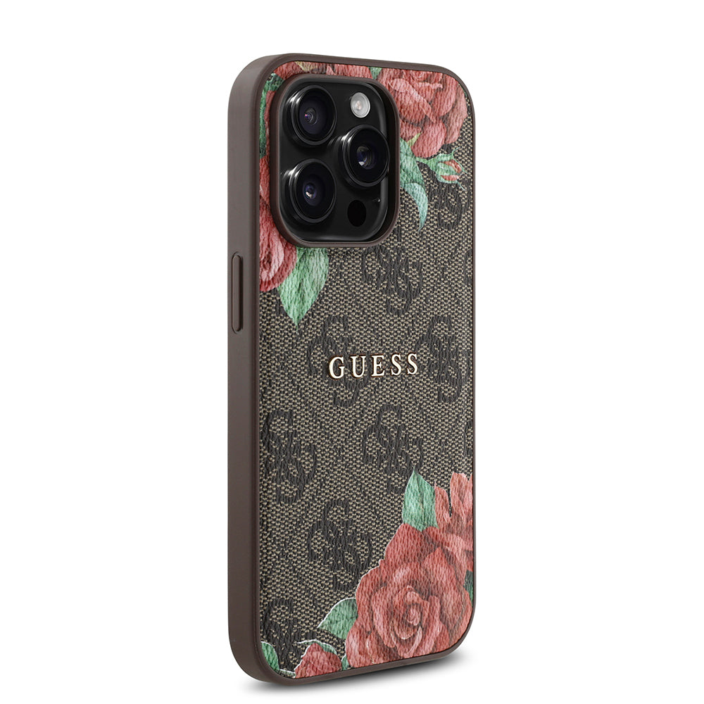 Apple iPhone 14 Pro Max Case Guess Original Licensed M-safe Charging Feature Rose Printed 4G Patterned Text Logo Cover Black