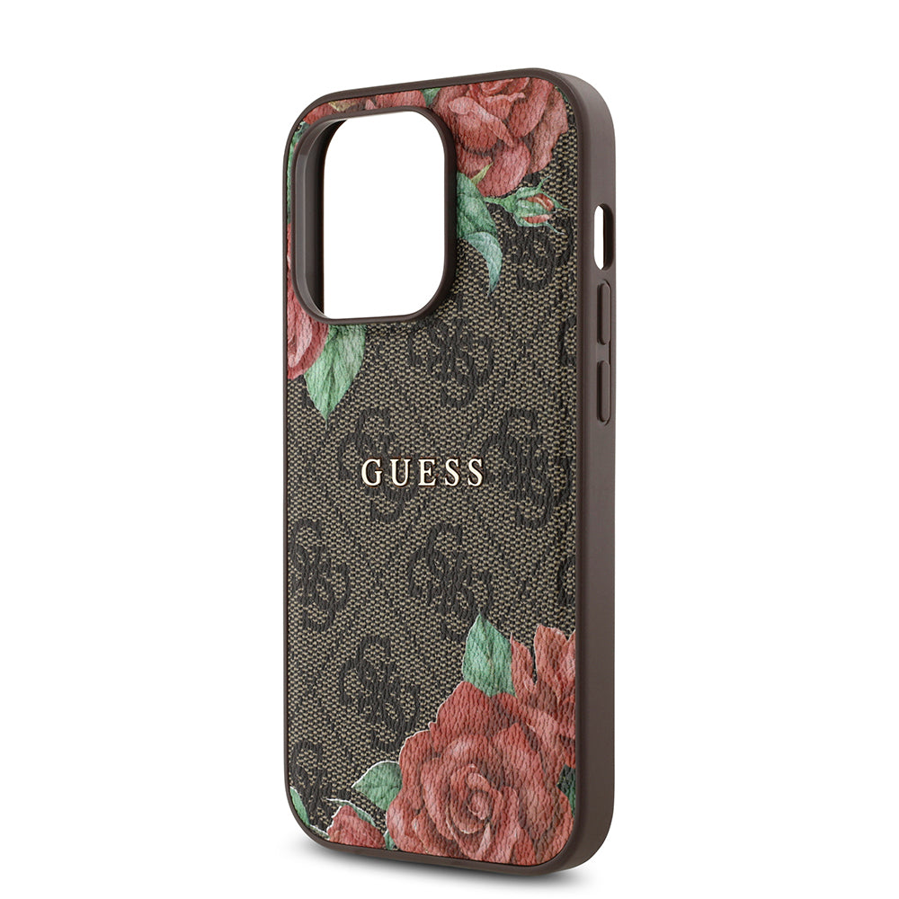 Apple iPhone 14 Pro Max Case Guess Original Licensed M-safe Charging Feature Rose Printed 4G Patterned Text Logo Cover Black