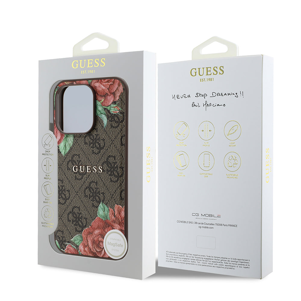 Apple iPhone 14 Pro Max Case Guess Original Licensed M-safe Charging Feature Rose Printed 4G Patterned Text Logo Cover Black