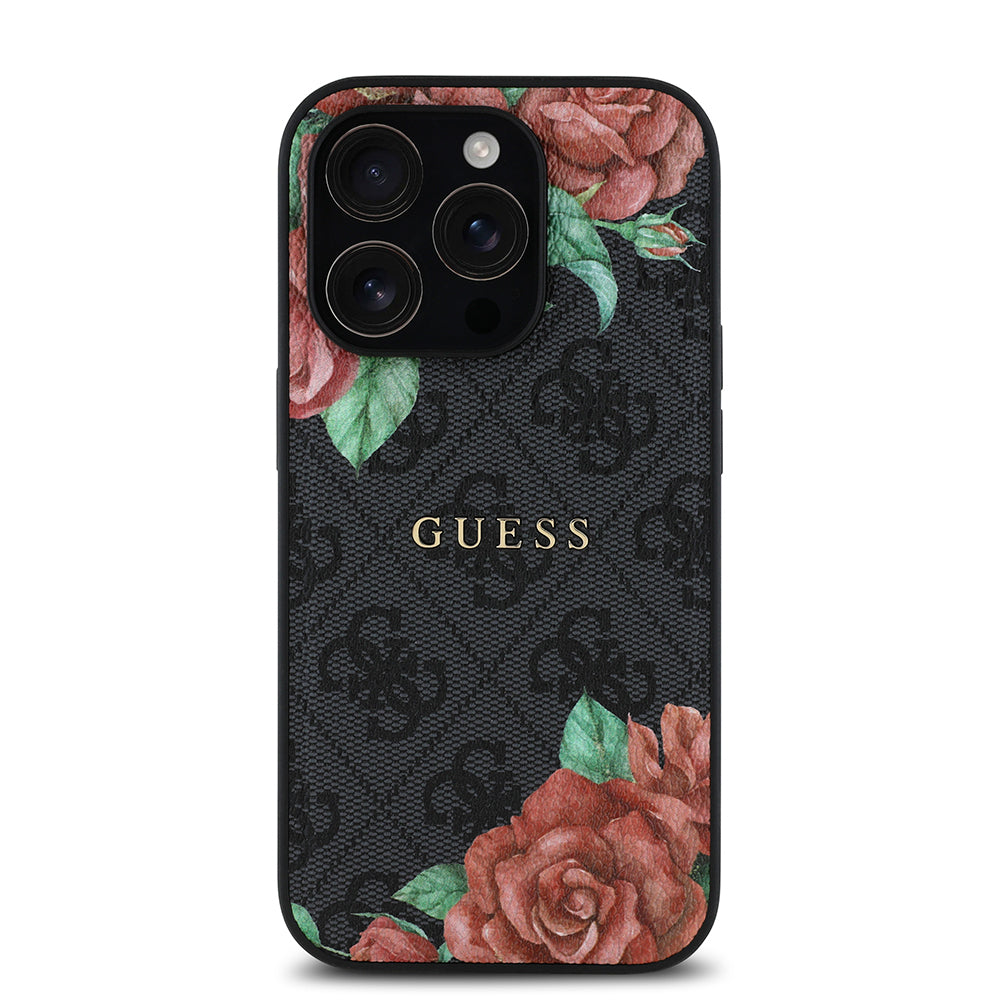 Apple iPhone 14 Pro Max Case Guess Original Licensed M-safe Charging Feature Rose Printed 4G Patterned Text Logo Cover Black