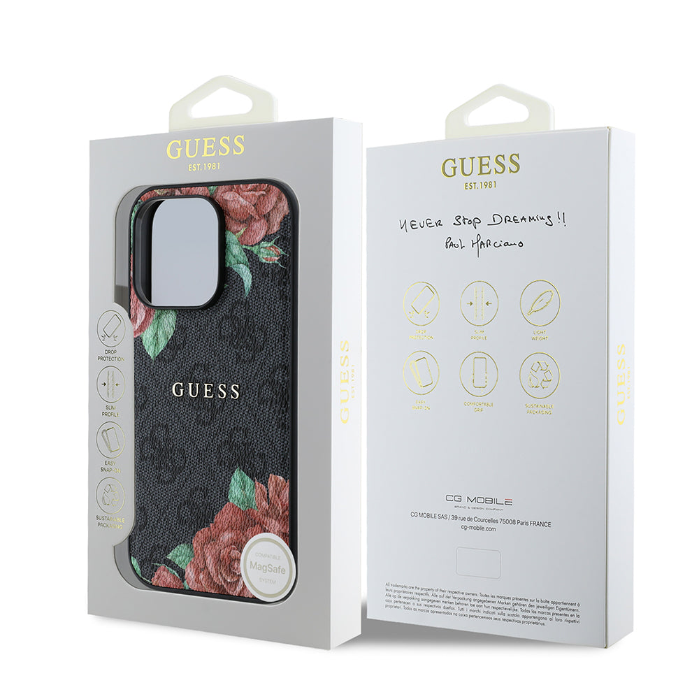 Apple iPhone 14 Pro Max Case Guess Original Licensed M-safe Charging Feature Rose Printed 4G Patterned Text Logo Cover Black