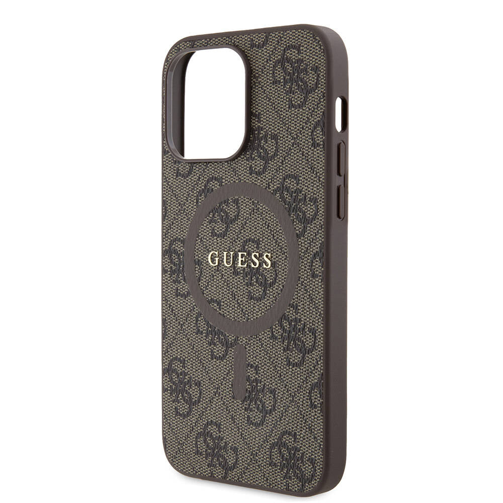 Apple iPhone 14 Pro Max Case Guess Original Licensed M-safe Charging Feature PU Ring 4G Patterned Text Logo Cover Brown