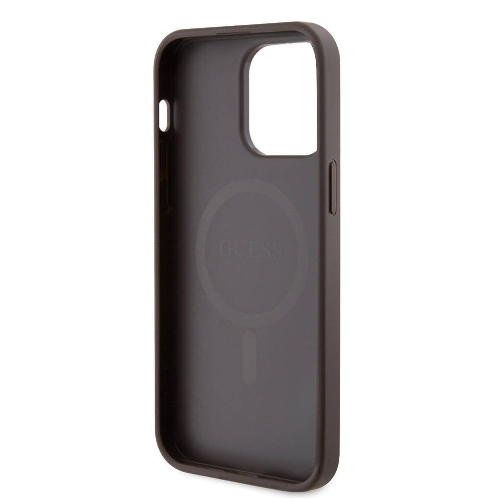 Apple iPhone 14 Pro Max Case Guess Original Licensed M-safe Charging Feature PU Ring 4G Patterned Text Logo Cover Brown