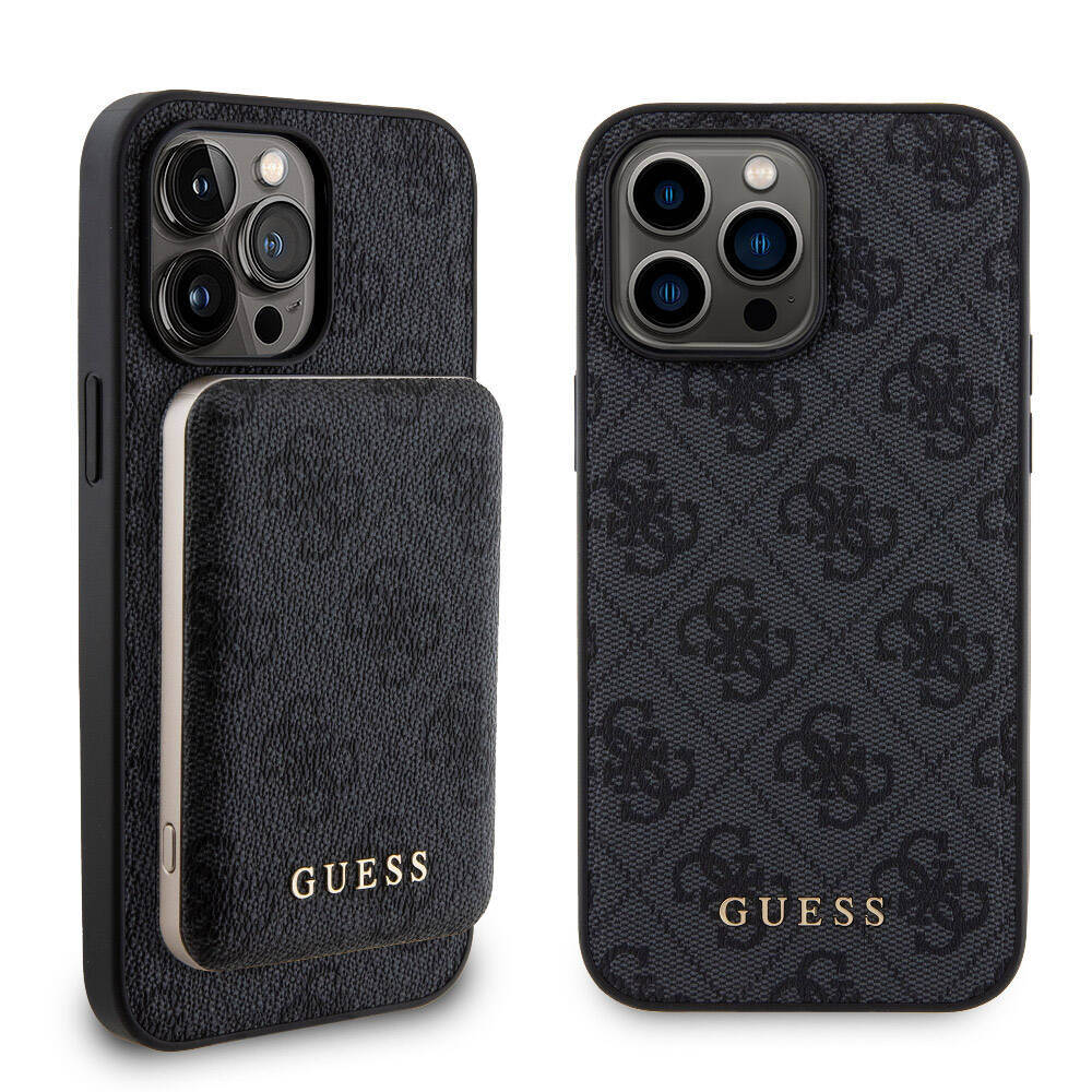 Apple iPhone 14 Pro Max Case Guess Original Licensed M-safe Charging Feature Text Logo 4G Patterned Cover + Powerbank 5000mAh 2in1 Set Brown