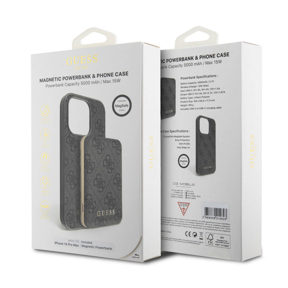 Apple iPhone 14 Pro Max Case Guess Original Licensed M-safe Charging Feature Text Logo 4G Patterned Cover + Powerbank 5000mAh 2in1 Set Black