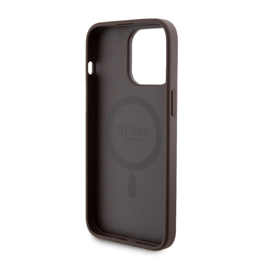 Apple iPhone 14 Pro Max Case Guess Original Licensed M-safe Charging Feature Text Logo 4G Patterned Cover + Powerbank 5000mAh 2in1 Set Brown