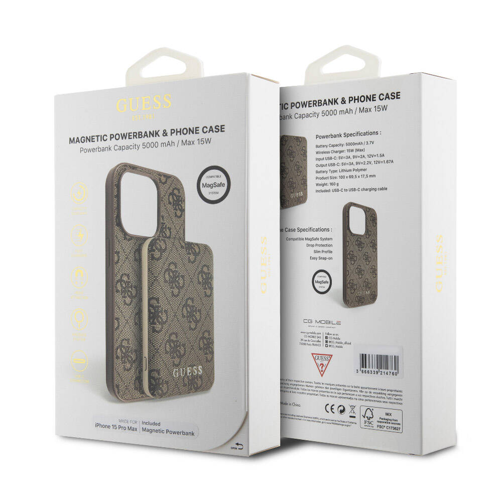 Apple iPhone 14 Pro Max Case Guess Original Licensed M-safe Charging Feature Text Logo 4G Patterned Cover + Powerbank 5000mAh 2in1 Set Brown
