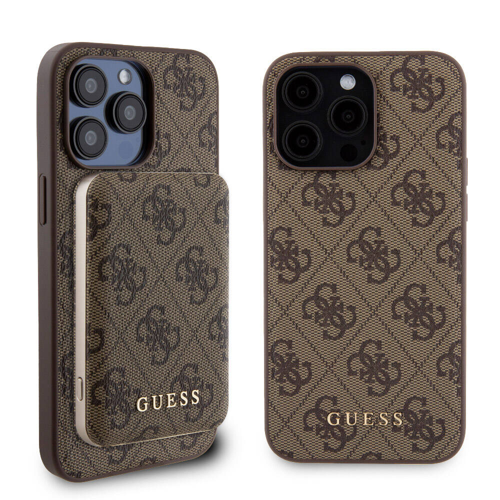 Apple iPhone 14 Pro Max Case Guess Original Licensed M-safe Charging Feature Text Logo 4G Patterned Cover + Powerbank 5000mAh 2in1 Set Black