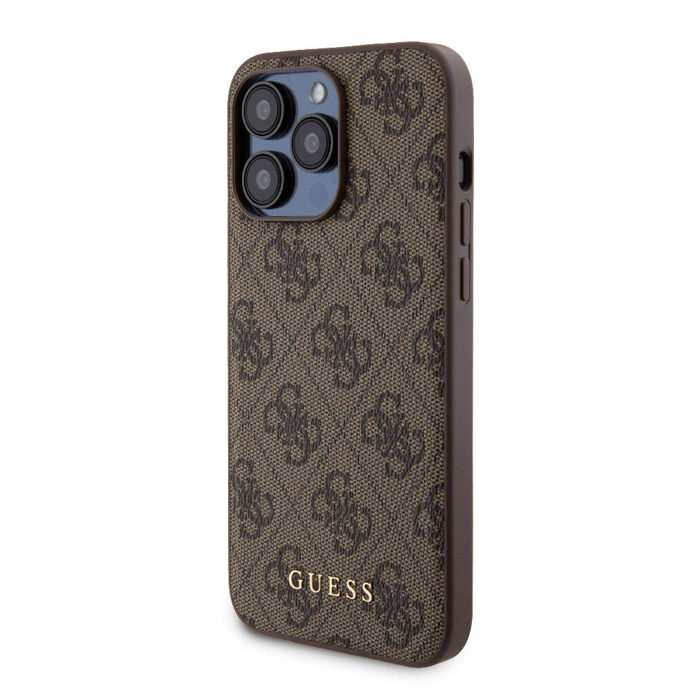 Apple iPhone 14 Pro Max Case Guess Original Licensed M-safe Charging Feature Text Logo 4G Patterned Cover + Powerbank 5000mAh 2in1 Set Brown