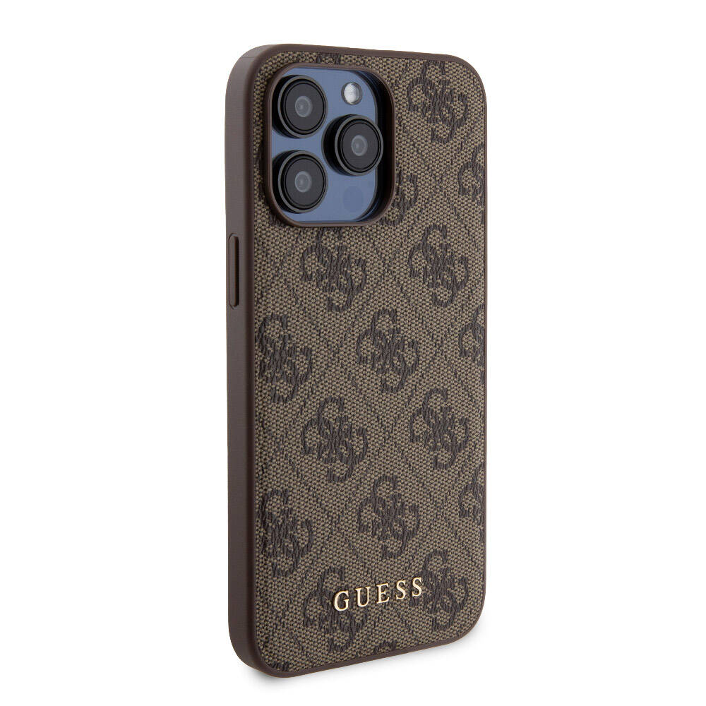 Apple iPhone 14 Pro Max Case Guess Original Licensed M-safe Charging Feature Text Logo 4G Patterned Cover + Powerbank 5000mAh 2in1 Set Brown
