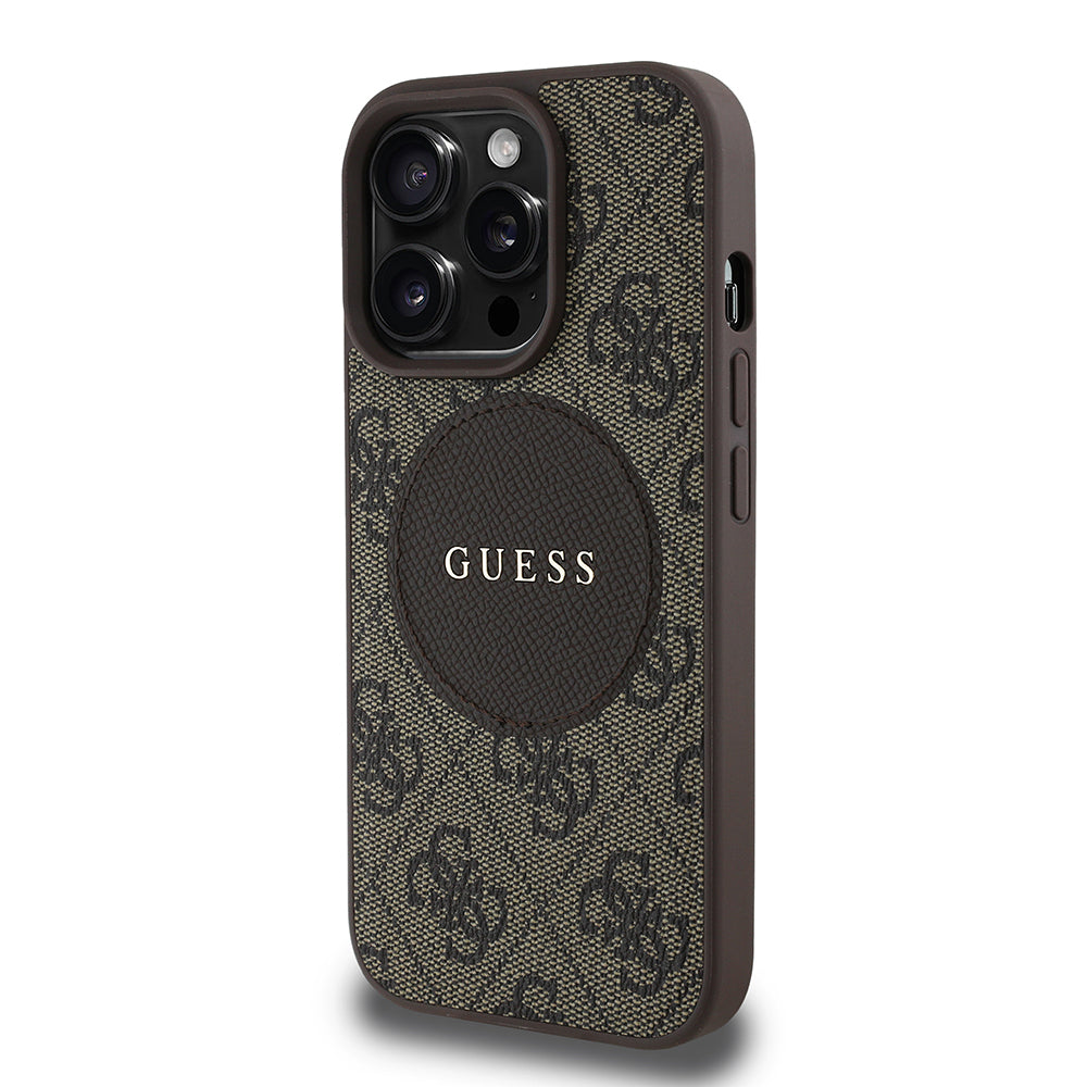 Apple iPhone 14 Pro Max Case Guess Original Licensed M-safe Charging Feature Circle Classic Cover Brown with Text Logo