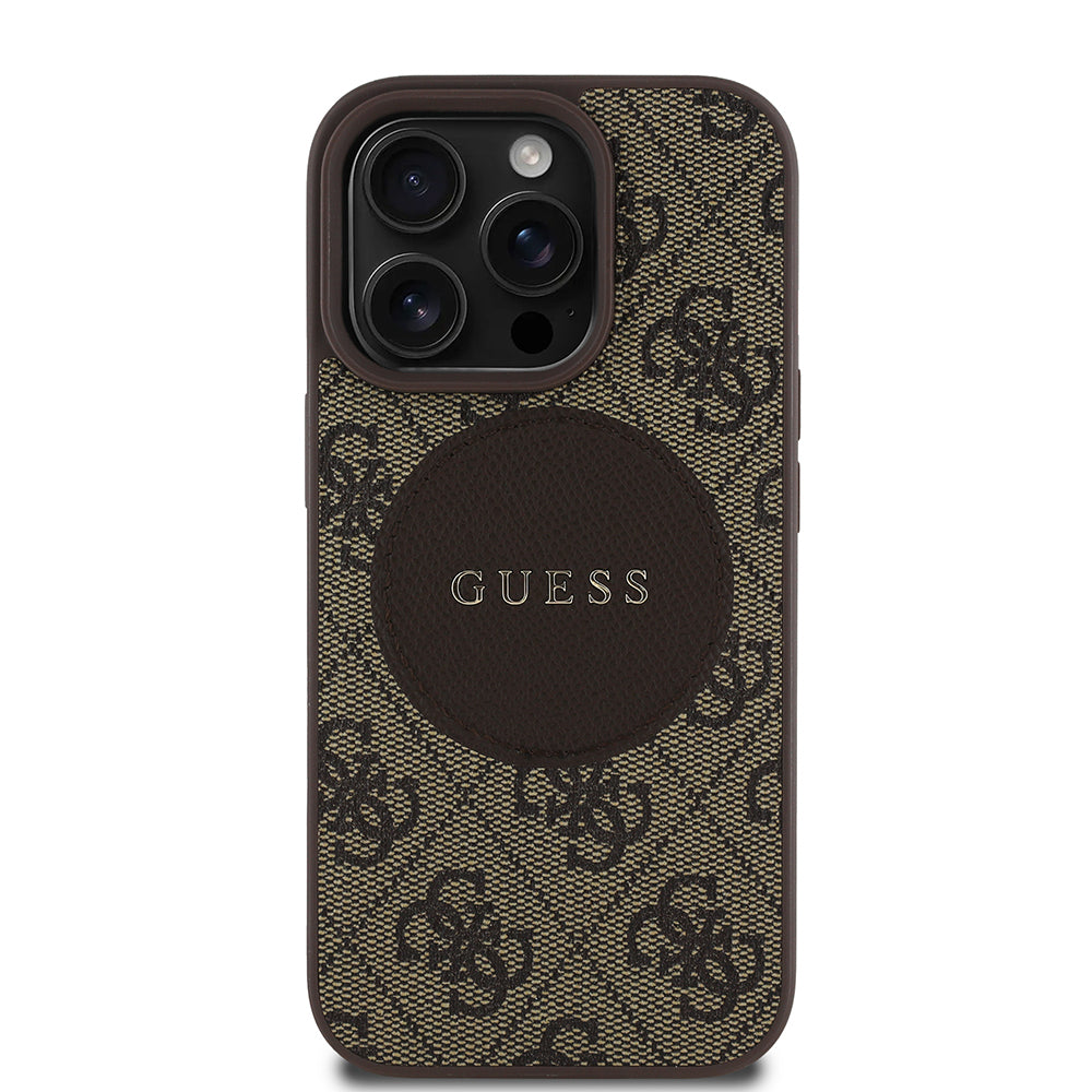 Apple iPhone 14 Pro Max Case Guess Original Licensed M-safe Charging Feature Circle Classic Cover Brown with Text Logo