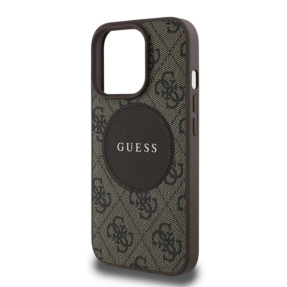 Apple iPhone 14 Pro Max Case Guess Original Licensed M-safe Charging Feature Circle Classic Cover Brown with Text Logo