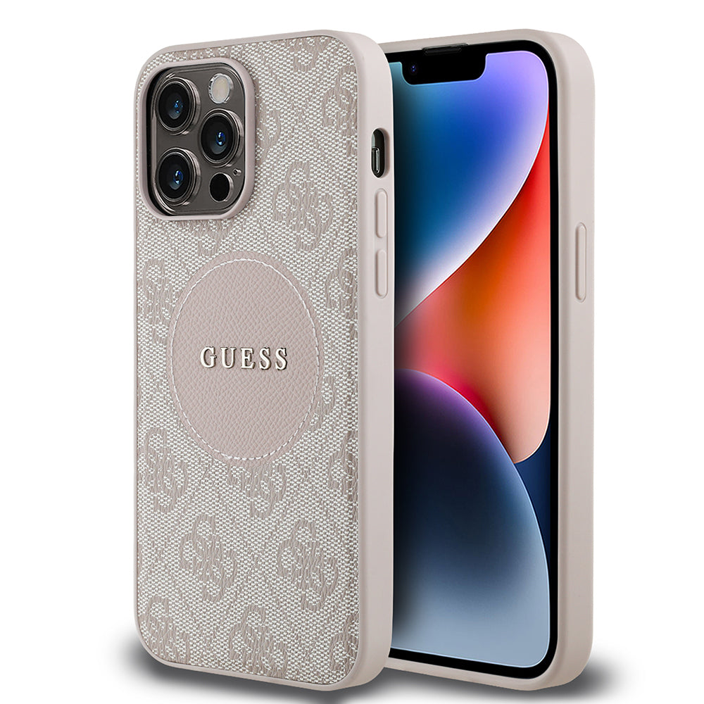 Apple iPhone 14 Pro Max Case Guess Original Licensed M-safe Charging Feature Circle Classic Cover Pink with Text Logo