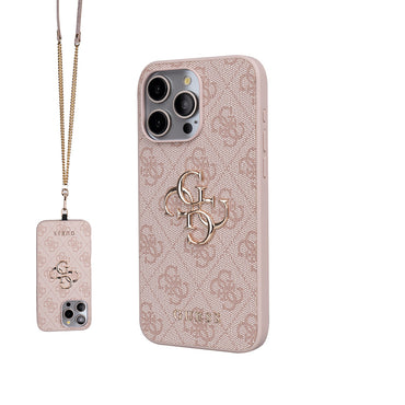 Apple iPhone 14 Pro Max Kılıf Guess Orjinal Lisanslı PU Deri 4G Büyük Metal Logolu Çapraz Vücut Askılı Kapak Pembe
