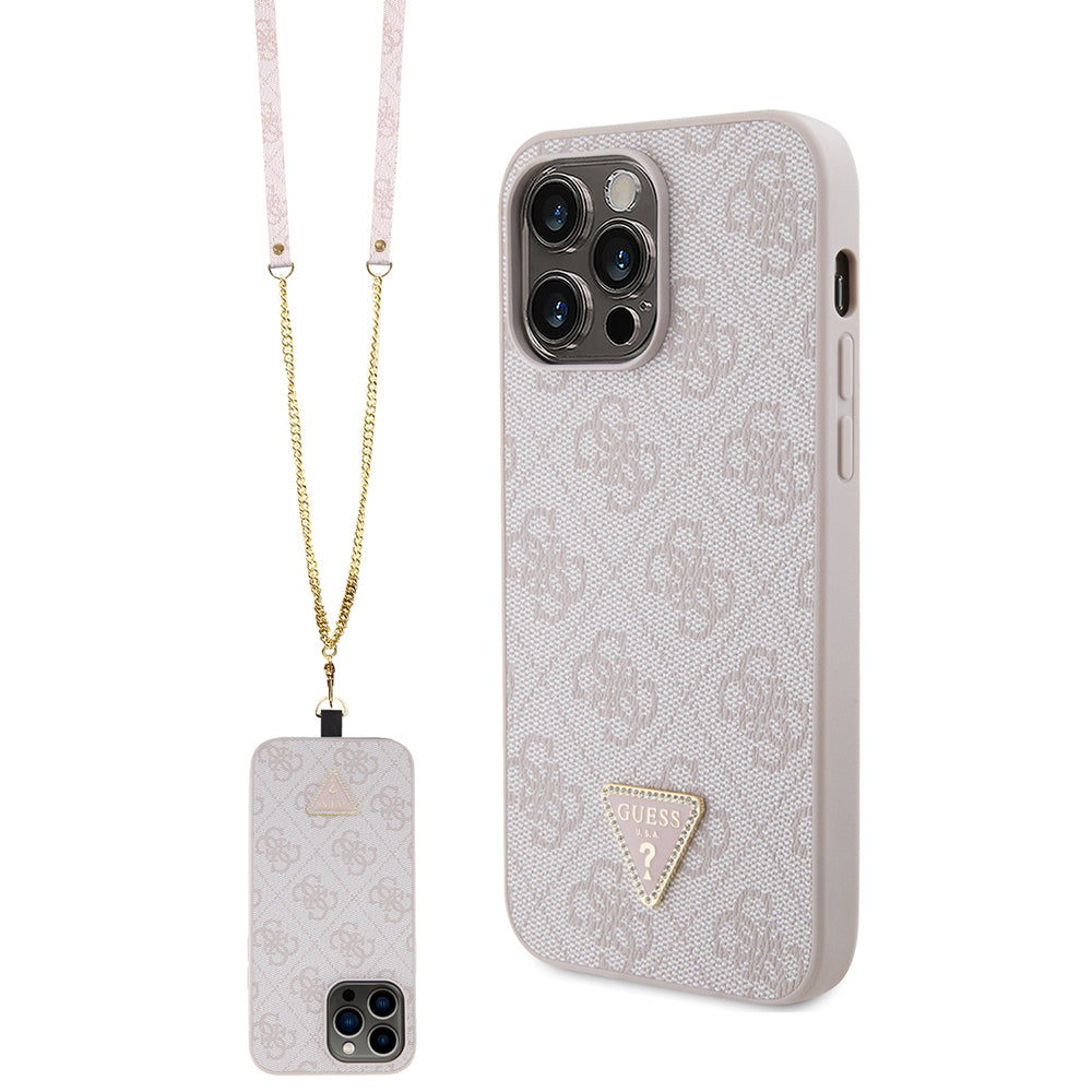 Apple iPhone 14 Pro Max Case Guess Original Licensed PU Leather Stone Metal Triangle Logo Crossbody Strap 4G Patterned Cover Brown