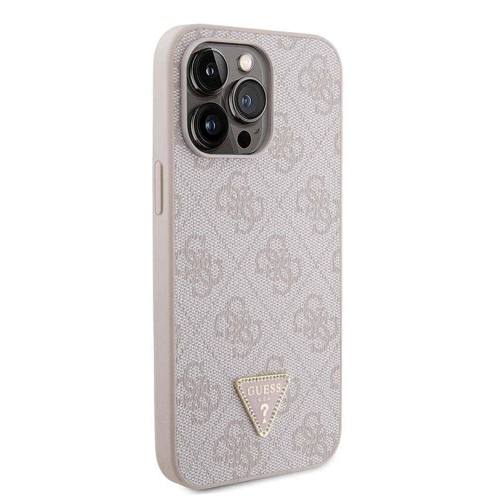 Apple iPhone 14 Pro Max Case Guess Original Licensed PU Leather Stone Metal Triangle Logo Crossbody Strap 4G Patterned Cover Brown