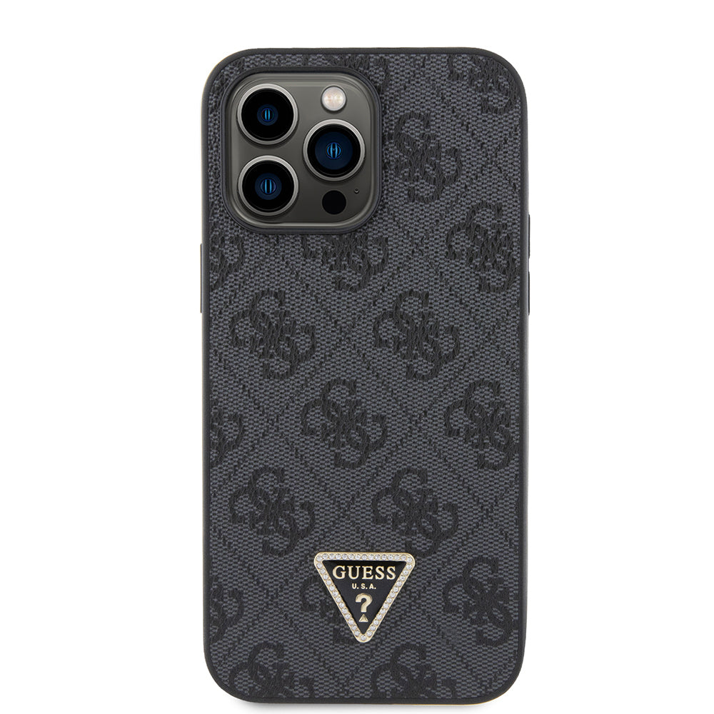Apple iPhone 14 Pro Max Case Guess Original Licensed PU Leather Stone Metal Triangle Logo Crossbody Strap 4G Patterned Cover Black