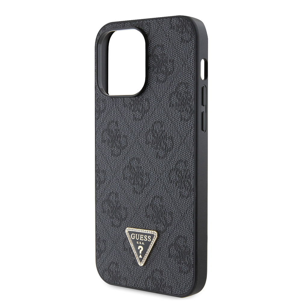 Apple iPhone 14 Pro Max Case Guess Original Licensed PU Leather Stone Metal Triangle Logo Crossbody Strap 4G Patterned Cover Brown