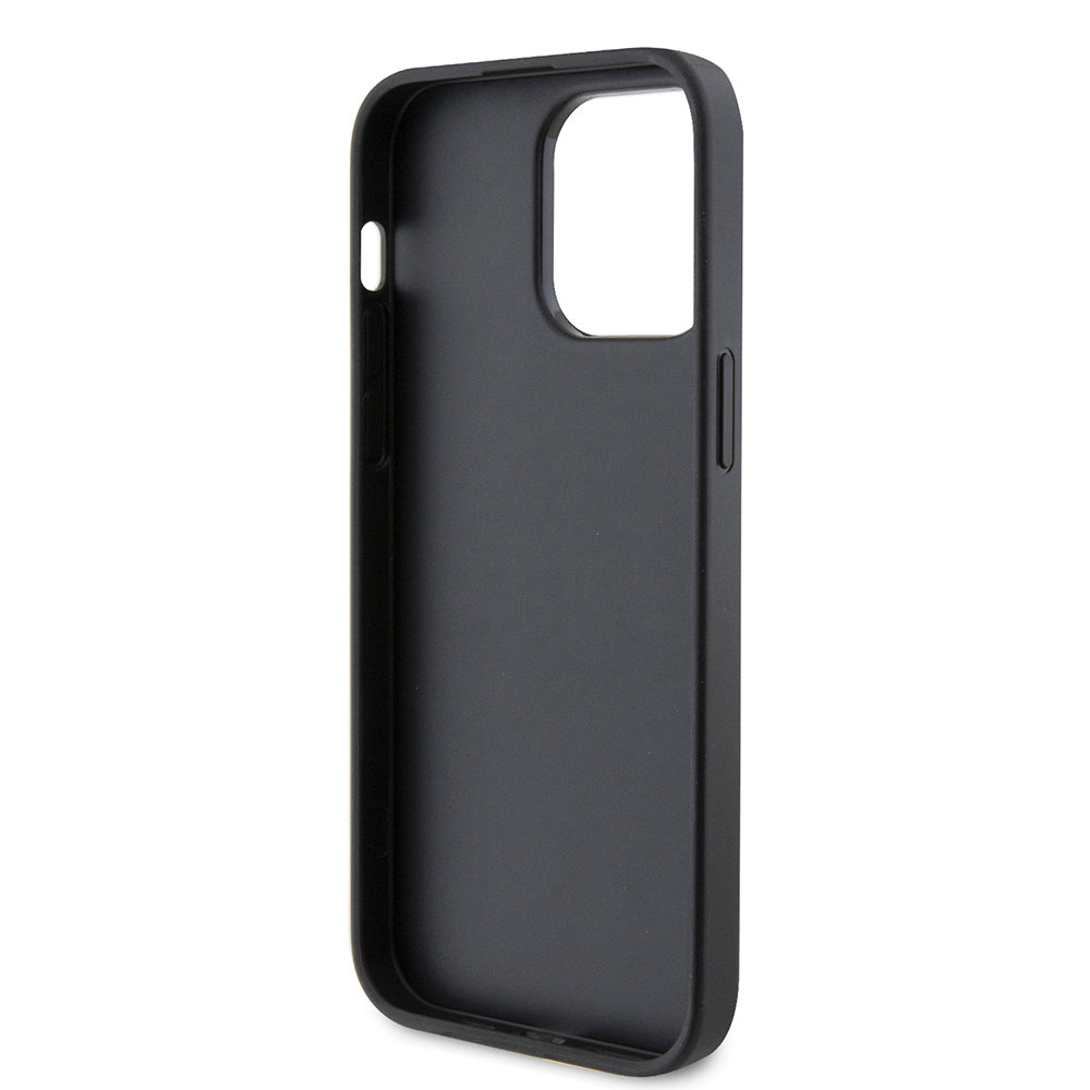 Apple iPhone 14 Pro Max Case Guess Original Licensed PU Leather Stone Metal Triangle Logo Crossbody Strap 4G Patterned Cover Black