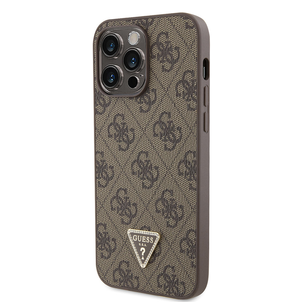 Apple iPhone 14 Pro Max Case Guess Original Licensed PU Leather Stone Metal Triangle Logo Crossbody Strap 4G Patterned Cover Brown