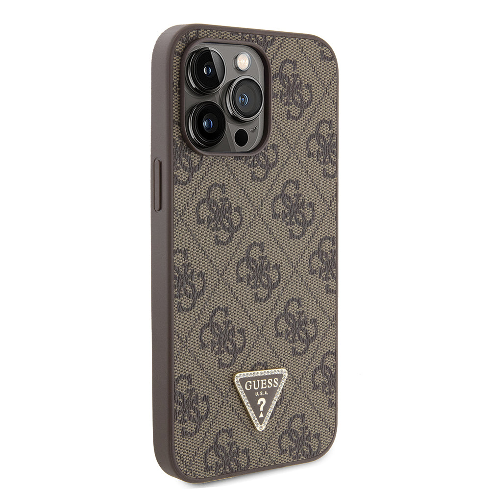Apple iPhone 14 Pro Max Case Guess Original Licensed PU Leather Stone Metal Triangle Logo Crossbody Strap 4G Patterned Cover Black