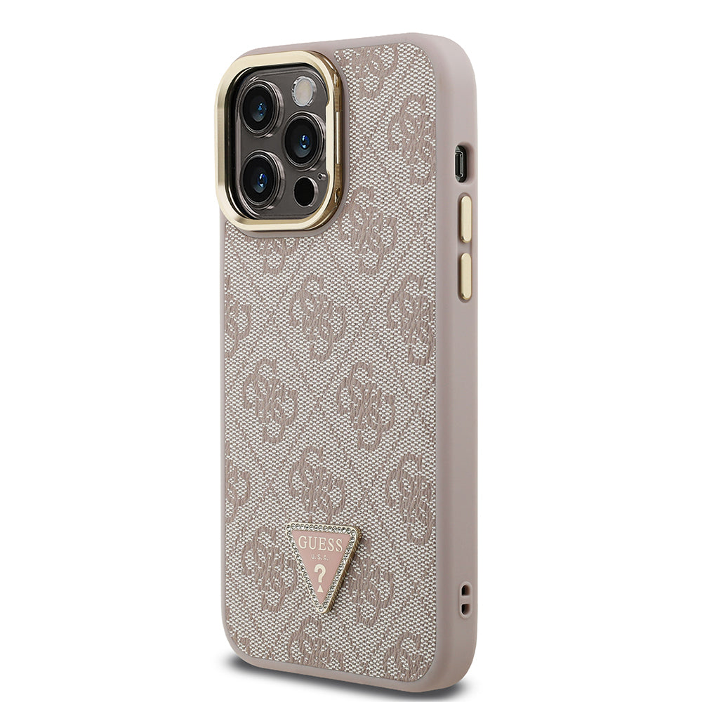 Apple iPhone 14 Pro Max Case Guess Original Licensed PU Leather Stone Triangle Logo 4G Patterned Camera Stand Cover Black